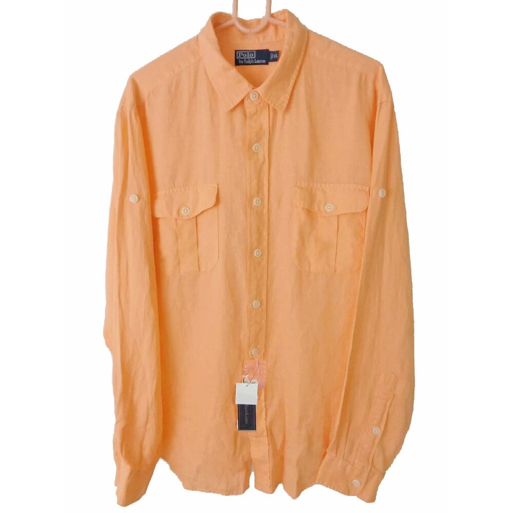 NEW $145 Polo Ralph Lauren Colorful Linen Shirt! Orange Long Sleeve Runs Large